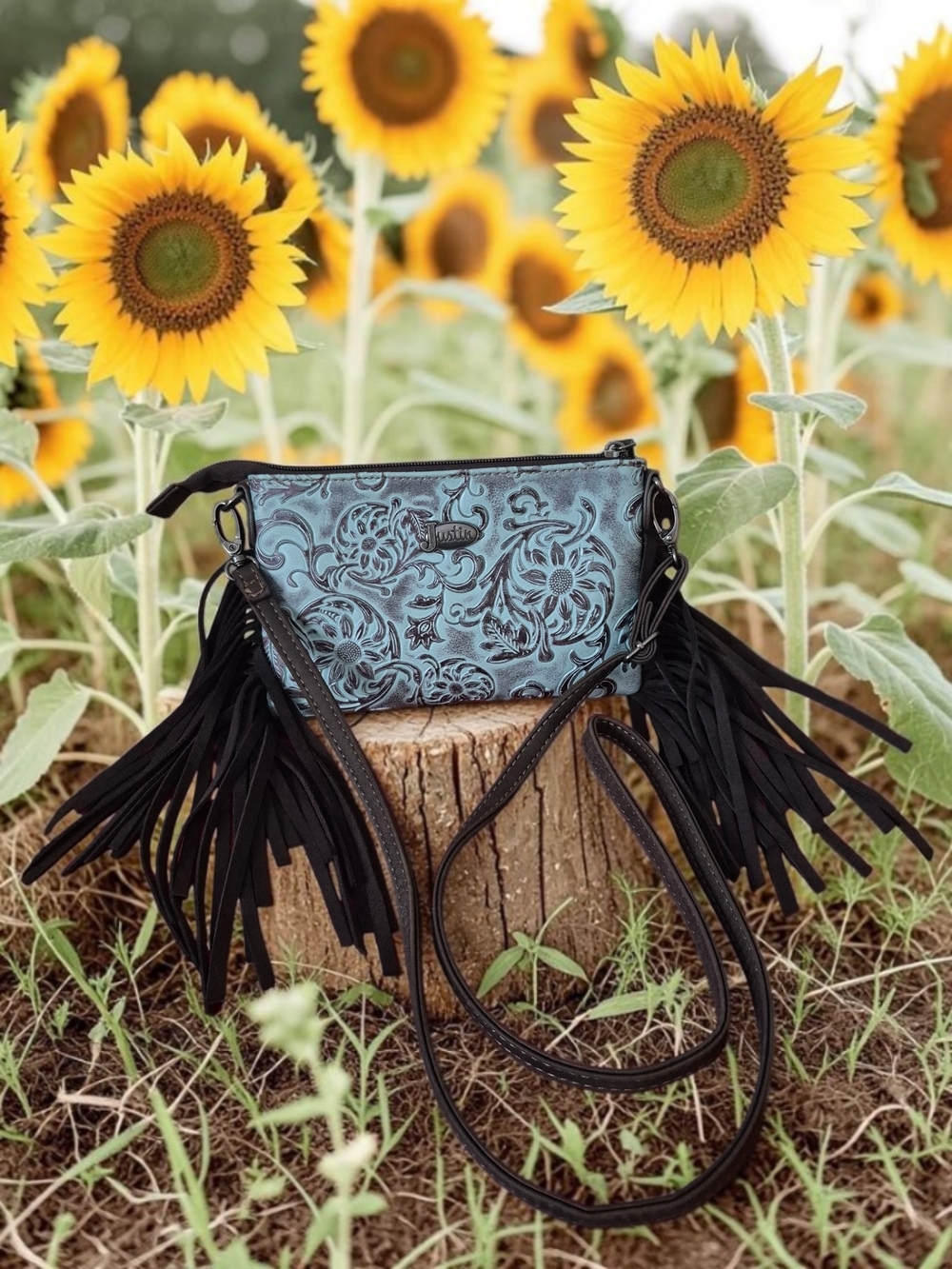 Justin Boots Blue Tooled Leather Crossbody Bag with Black Fringe
